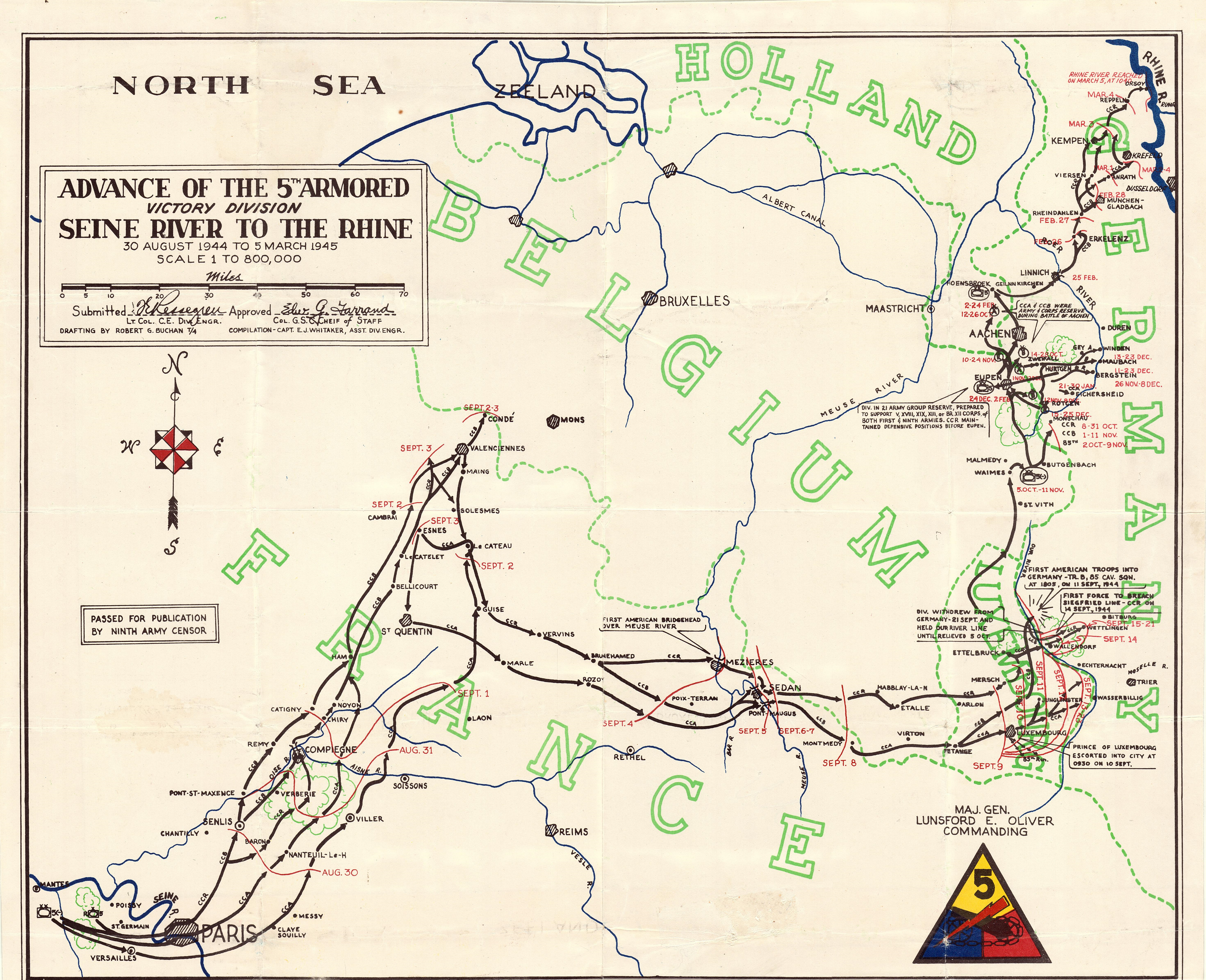 Trek of the 5th Armored Division from Seine River to the Rhine River